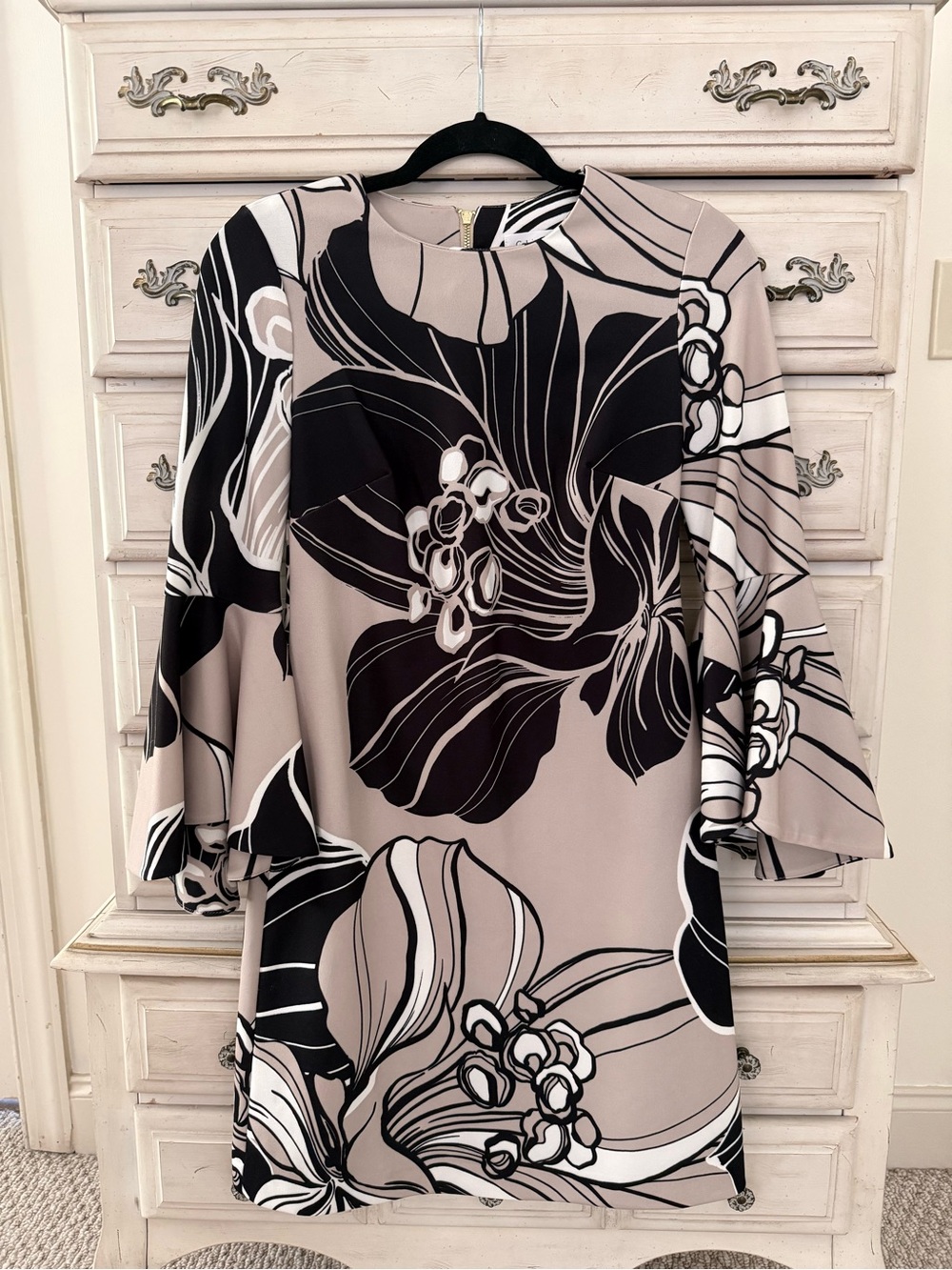 Calvin Klein taupe and black floral bell-sleeve sheath dress Size 2